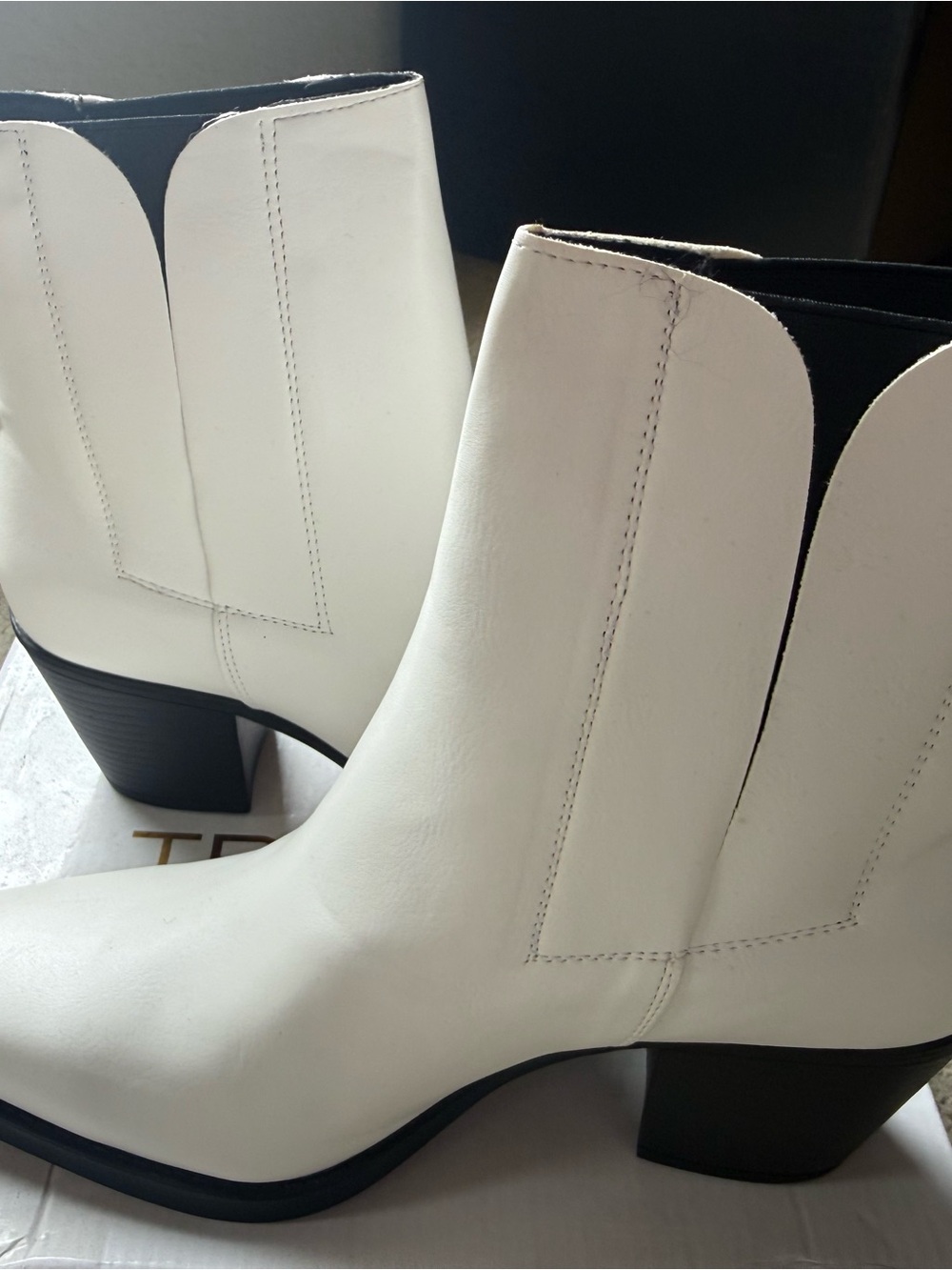 White Faux Leather Ankle Boots with Block Heel - Women's